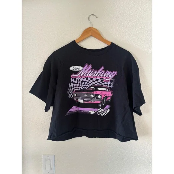 Ford Mustang 1969 Graphic Cropped T-Shirt Black Pink XL Boxy Raw Hem Tee - Picture 1 of 5